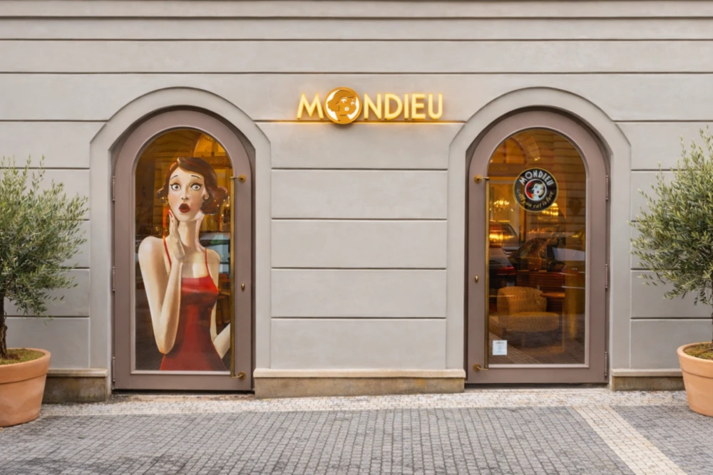 المدخل الأنيق لمقهى Mondieu ريتيرسكا في وسط براغ